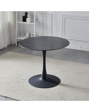 Tavolo rotondo Dot con piano in ceramica effetto marmo nero opaco con particolari oro e gamba nera