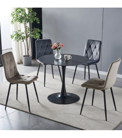 Tavolo rotondo Dot con piano in ceramica effetto marmo nero opaco con particolari oro e gamba nera