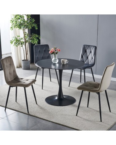 Tavolo rotondo Dot con piano in ceramica effetto marmo nero opaco con particolari oro e gamba nera