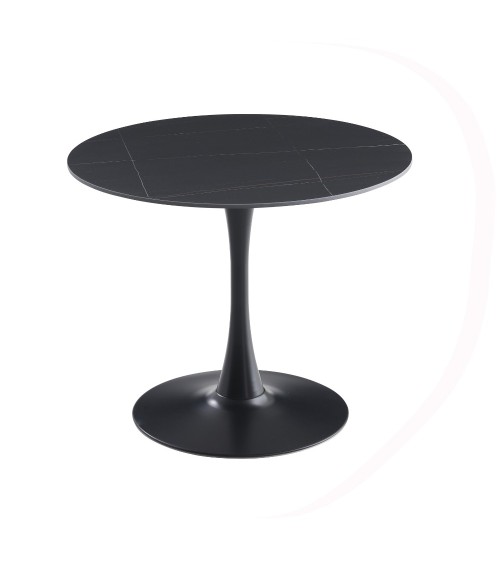 Tavolo rotondo Dot con piano in ceramica effetto marmo nero opaco con particolari oro e gamba nera