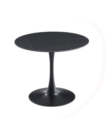 Tavolo rotondo Dot con piano in ceramica effetto marmo nero opaco con particolari oro e gamba nera