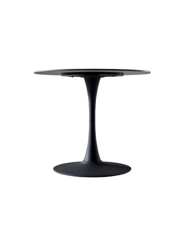 Tavolo rotondo Dot con piano in ceramica effetto marmo nero opaco con particolari oro e gamba nera