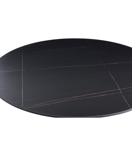 Tavolo rotondo Dot con piano in ceramica effetto marmo nero opaco con particolari oro e gamba nera