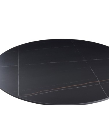 Tavolo rotondo Dot con piano in ceramica effetto marmo nero opaco con particolari oro e gamba nera
