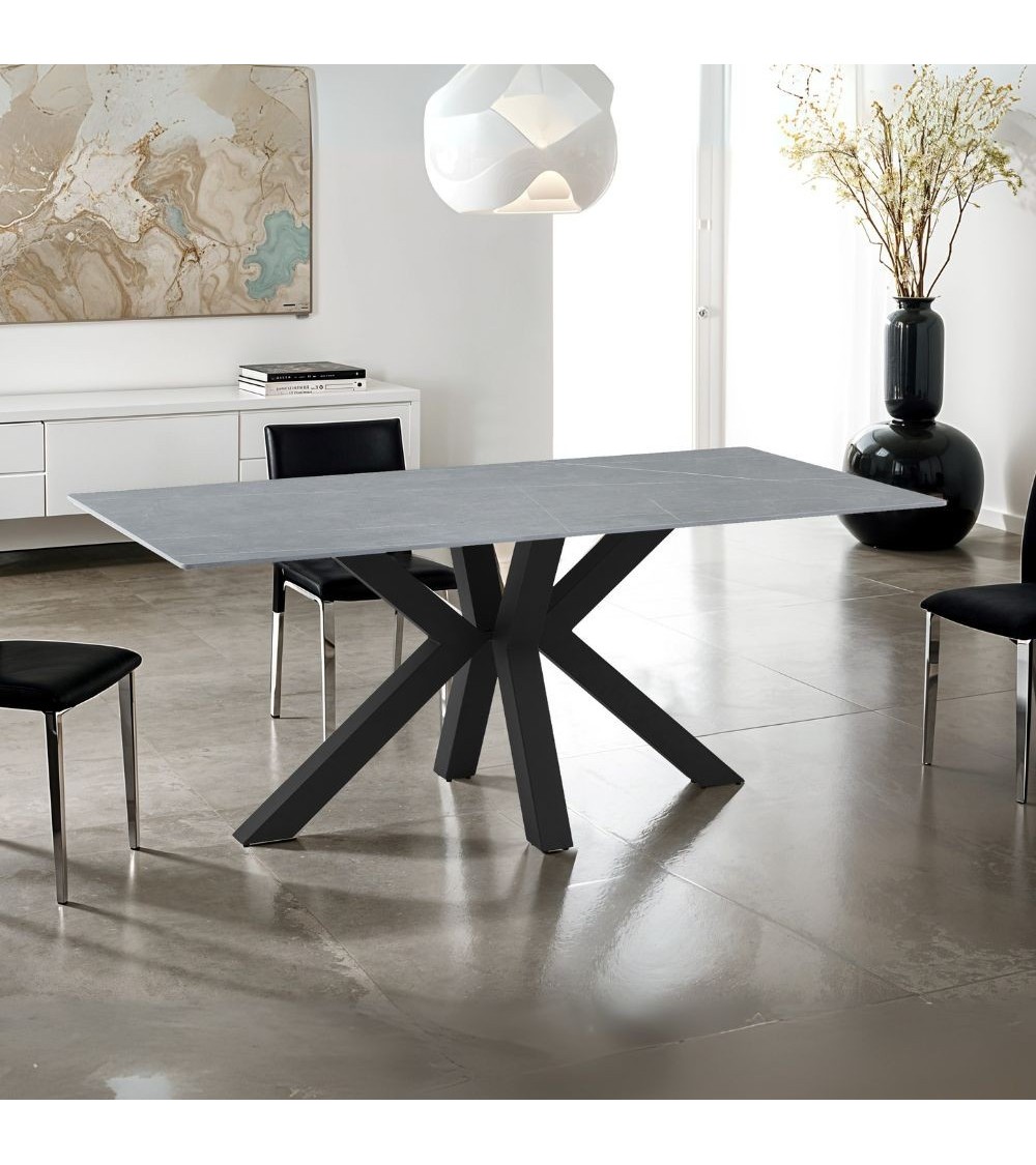 Tavolo Germany 180x90 piano ceramica effetto marmo grigio opaco e gambe nere