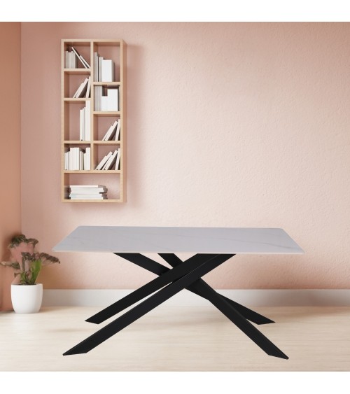 Tavolo Star con piano in ceramica effetto marmo bianco lucido e gambe nere