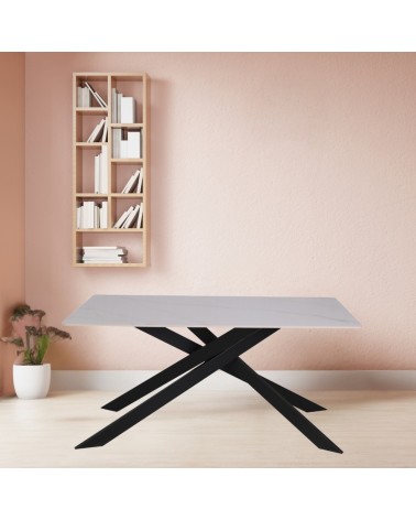 Tavolo Star con piano in ceramica effetto marmo bianco lucido e gambe nere