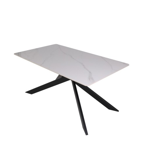 Tavolo Star con piano in ceramica effetto marmo bianco lucido e gambe nere