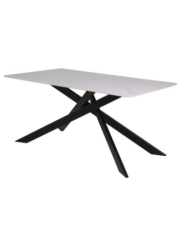 Tavolo Star con piano in ceramica effetto marmo bianco lucido e gambe nere
