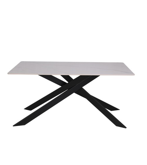 Tavolo Star con piano in ceramica effetto marmo bianco lucido e gambe nere