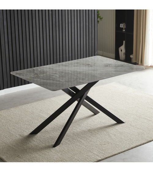 Tavolo Pacific con piano in ceramica effetto marmo grigio lucido e gambe nere