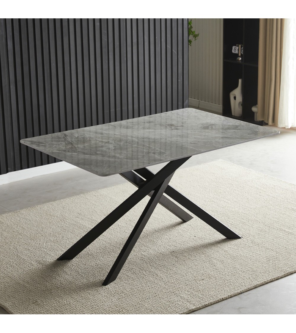 Tavolo Pacific con piano in ceramica effetto marmo grigio lucido e gambe nere