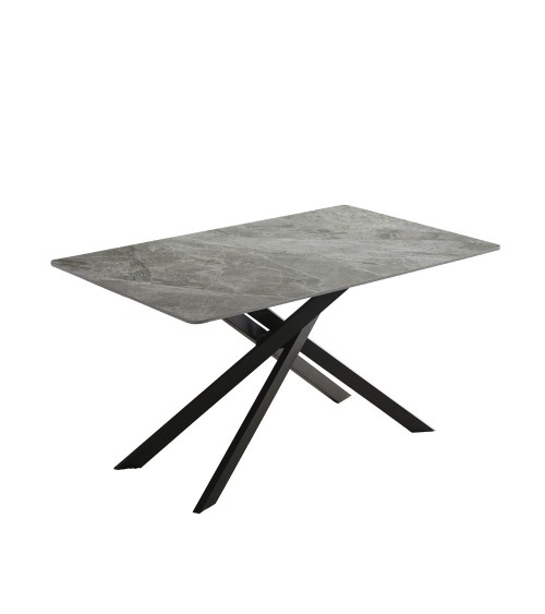 Tavolo Pacific con piano in ceramica effetto marmo grigio lucido e gambe nere