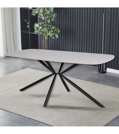 Tavolo Style fisso con piano in ceramica effetto marmo bianco lucido con gambe nere