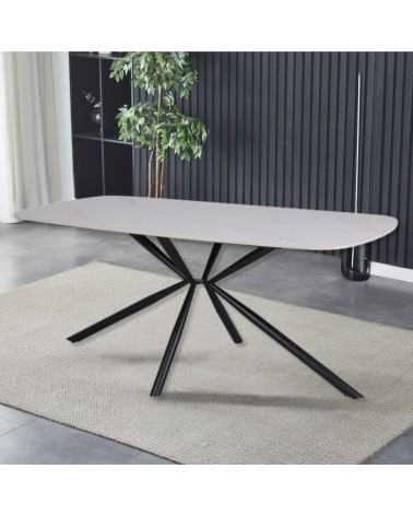 Tavolo Style fisso con piano in ceramica effetto marmo bianco lucido con gambe nere