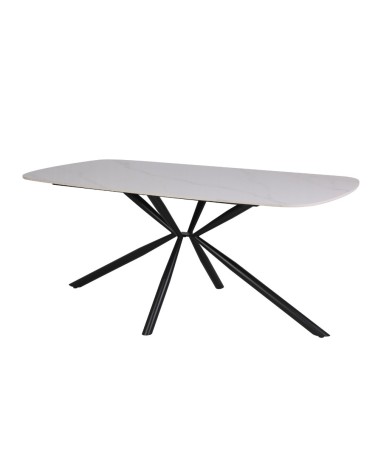 Tavolo Style fisso con piano in ceramica effetto marmo bianco lucido con gambe nere