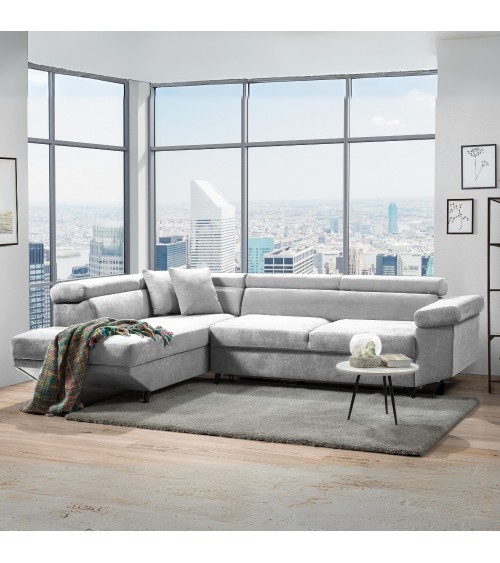 Divano letto Denver con penisola contenitore sinistra in Ronda 80 grigio chiaro