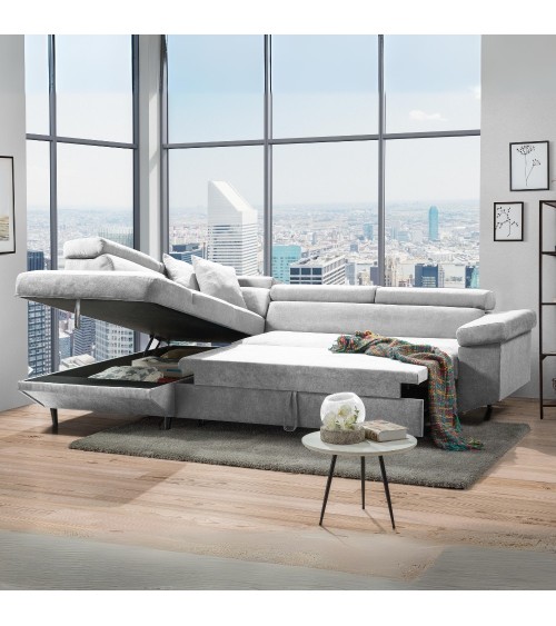 Divano letto Denver con penisola contenitore sinistra in Ronda 80 grigio chiaro