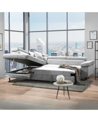 Divano letto Denver con penisola contenitore sinistra in Ronda 80 grigio chiaro