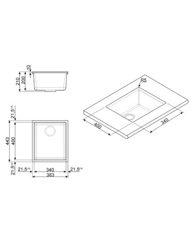 Lavello Smeg VZUM40CT 40x34 cm sottotop 1 vasca cemento