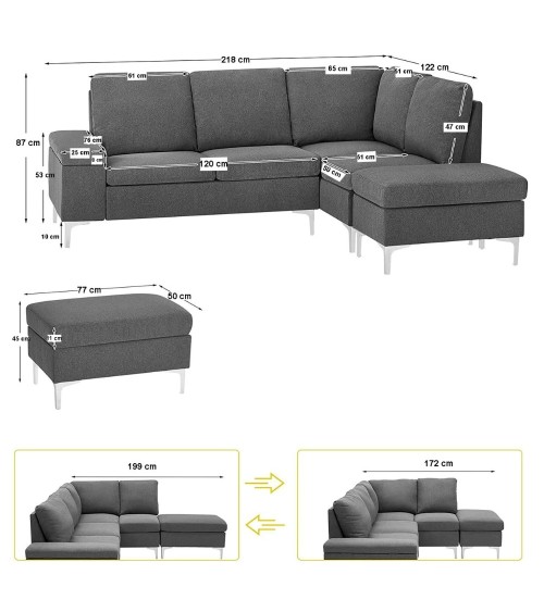 Divano angolare destro Dina con bracciolo apribile contenitore colore grigio