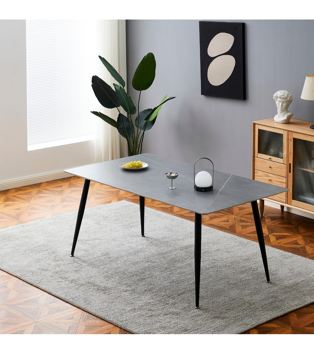 Tavolo Mila 140x80 con top in ceramica effetto marmo grigio opaco e gambe in metallo nero