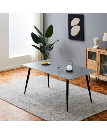 Tavolo Mila 140x80 con top in ceramica effetto marmo grigio opaco e gambe in metallo nero