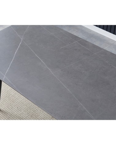 Tavolo Mila 140x80 con top in ceramica effetto marmo grigio opaco e gambe in metallo nero