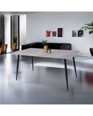 Tavolo Mila 160x90 top in ceramica effetto marmo grigio lucido con gambe in metallo nero