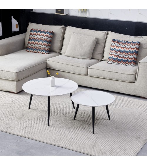 Set 2 tavolini da salotto Bicolor con piano in ceramica effetto marmo bianco lucido e gambe nere