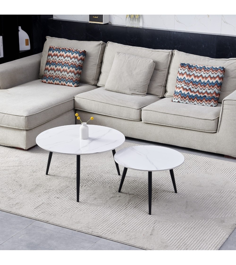 Set 2 tavolini da salotto Bicolor con piano in ceramica effetto marmo bianco lucido e gambe nere