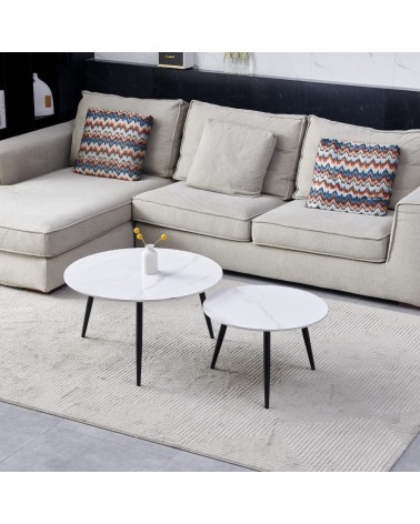 Set 2 tavolini da salotto Bicolor con piano in ceramica effetto marmo bianco lucido e gambe nere