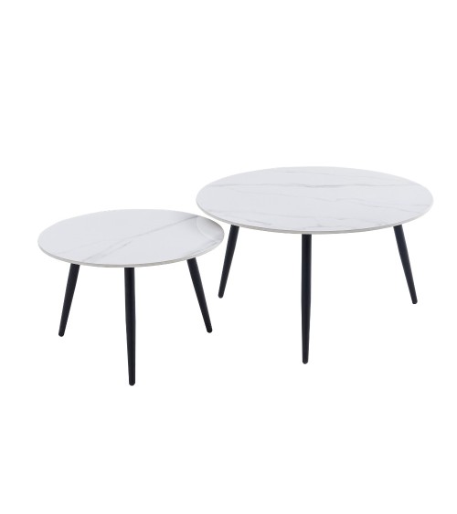Set 2 tavolini da salotto Bicolor con piano in ceramica effetto marmo bianco lucido e gambe nere