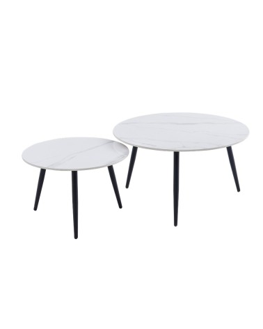 Set 2 tavolini da salotto Bicolor con piano in ceramica effetto marmo bianco lucido e gambe nere