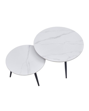 Set 2 tavolini da salotto Bicolor con piano in ceramica effetto marmo bianco lucido e gambe nere
