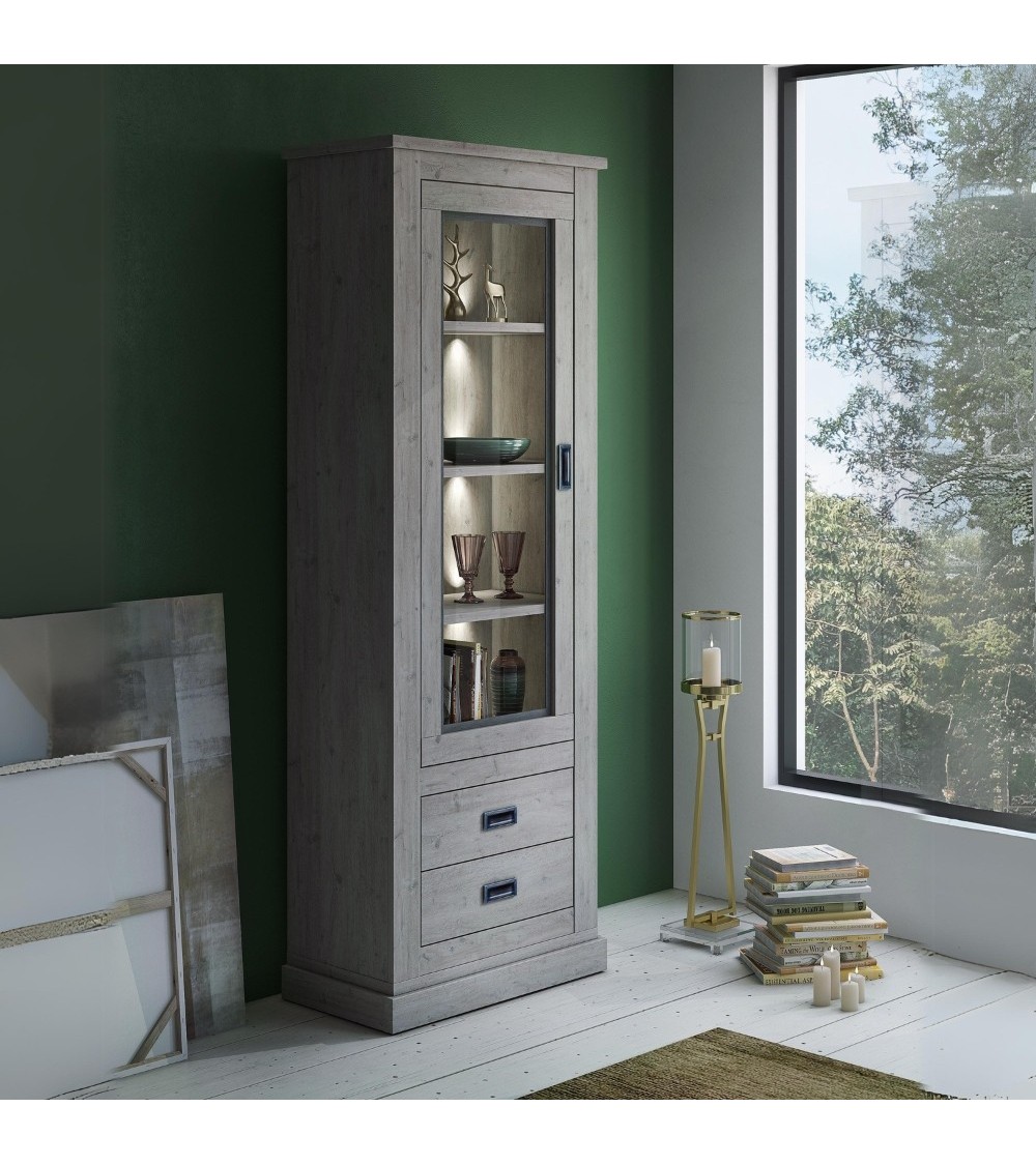 Vetrina Anthony23 con anta a vetro e due cassetti colore ancona oak stile shabby