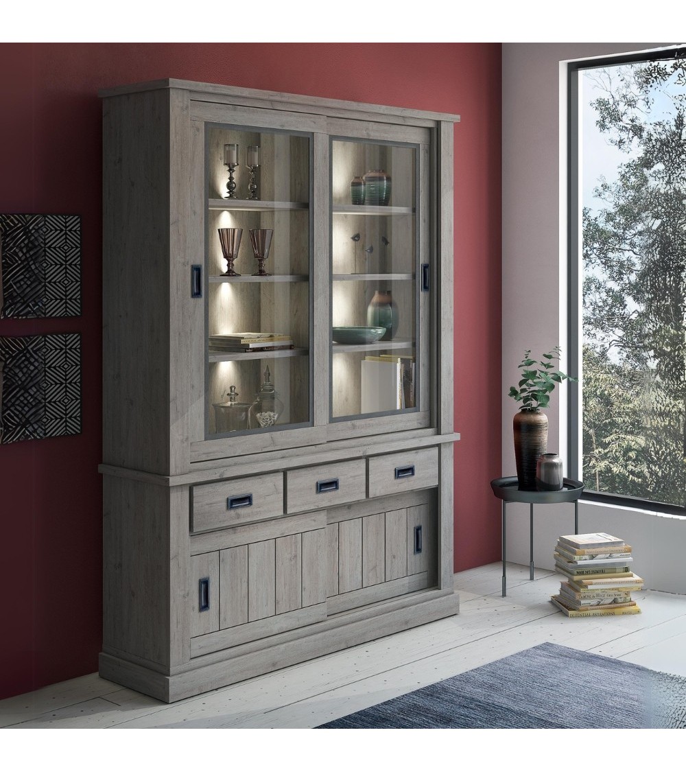Vetrina Anthony67120 con 2 ante vetro e 3 cassetti colore ancona oak stile shabby