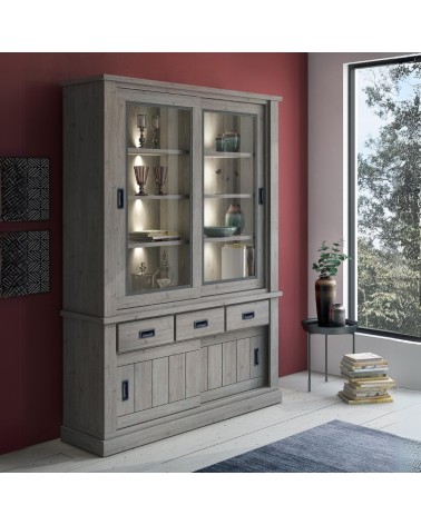 Vetrina Anthony67120 con 2 ante vetro e 3 cassetti colore ancona oak stile shabby