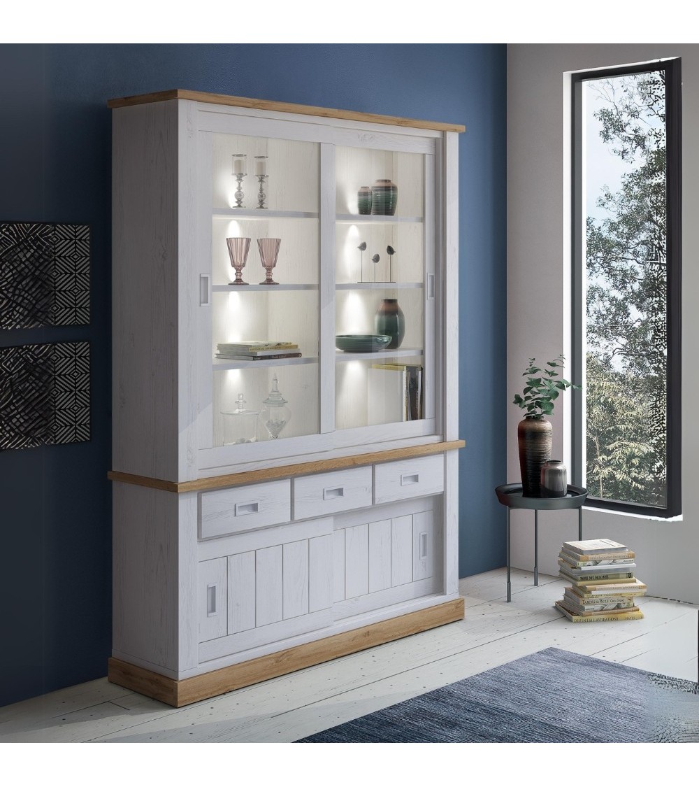Vetrina Anthony67120 con 2 ante vetro e 3 cassetti colore rovere wotan e anderson pine stile shabby