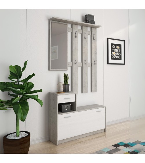 Mobile ingresso Rudolf con scarpiera colore beton e bianco