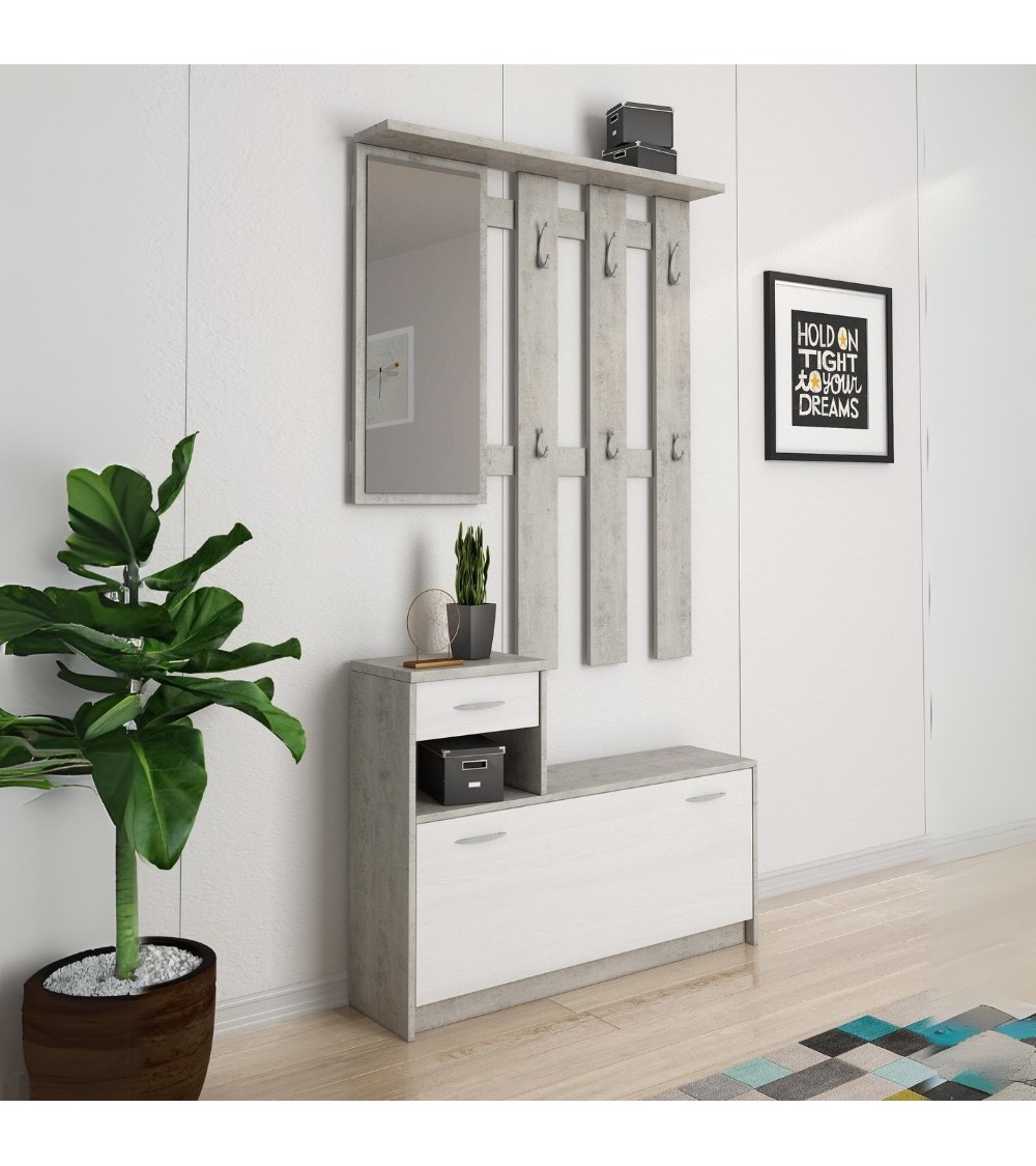 Mobile ingresso Rudolf con scarpiera colore beton e bianco