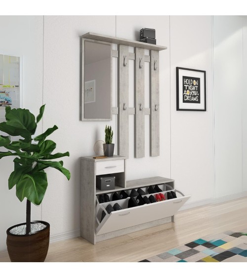 Mobile ingresso Rudolf con scarpiera colore beton e bianco