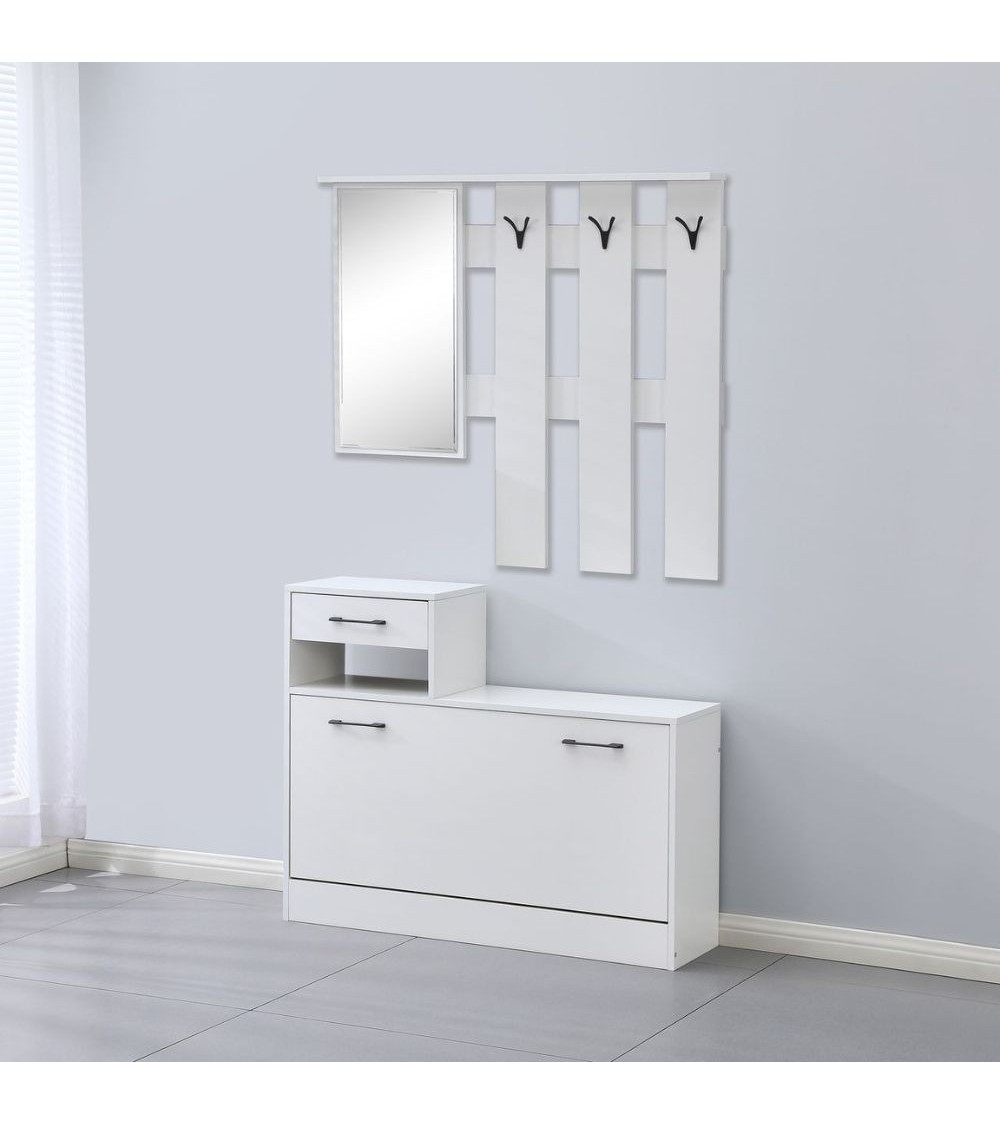 Mobile ingresso Rudolf XL con specchio e scarpiera colore bianco con maniglie nere