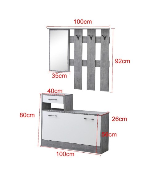 Mobile ingresso Rudolf XL con specchio e scarpiera colore bianco con maniglie nere