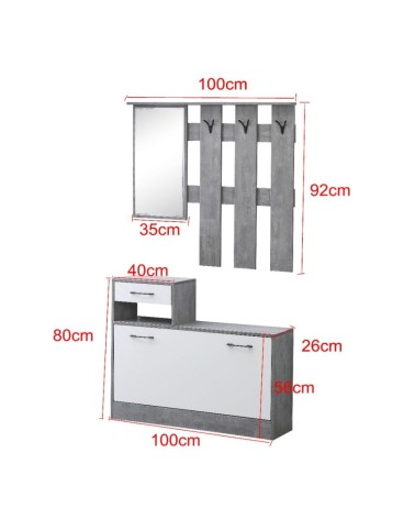 Mobile ingresso Rudolf XL con specchio e scarpiera colore bianco con maniglie nere