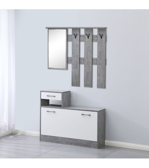 Mobile ingresso Rudolf XL con specchio e scarpiera colore cemento e bianco con maniglie nere