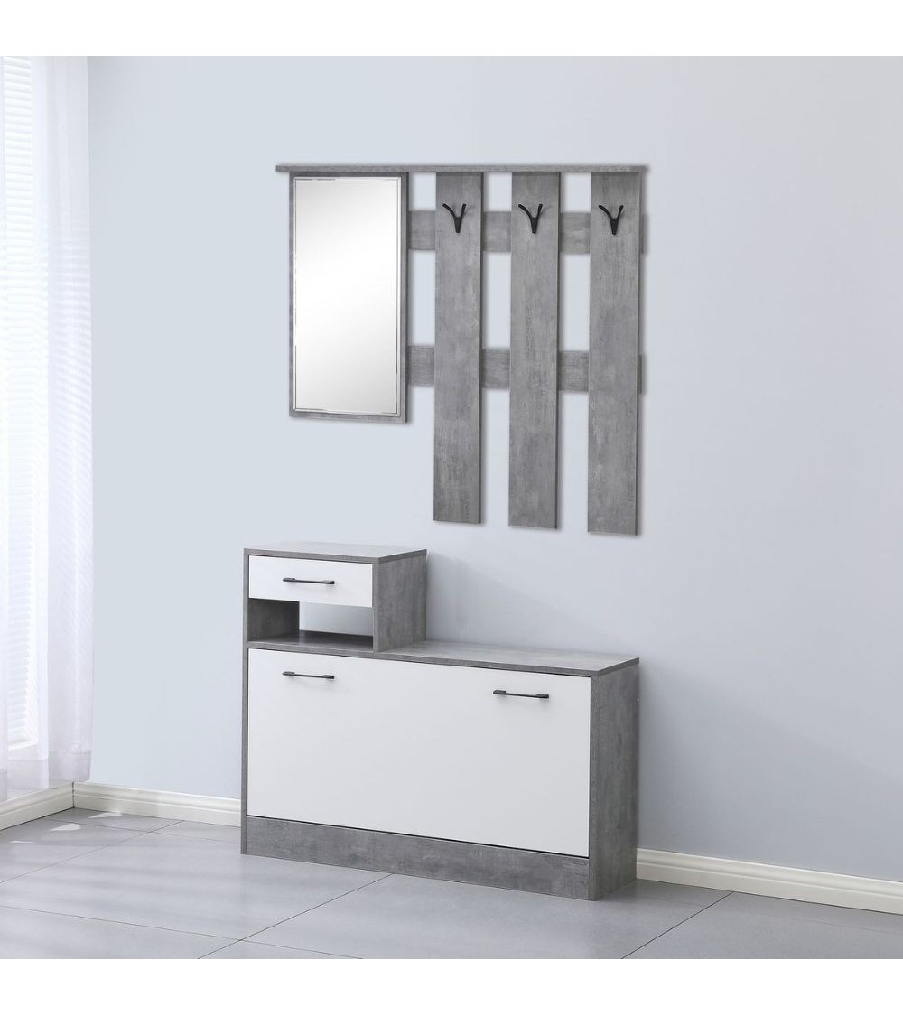 Mobile ingresso Rudolf XL con specchio e scarpiera colore cemento e bianco con maniglie nere