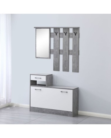 Mobile ingresso Rudolf XL con specchio e scarpiera colore cemento e bianco con maniglie nere