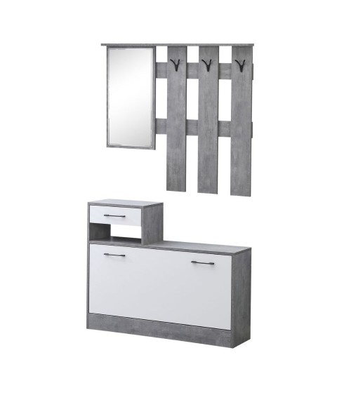 Mobile ingresso Rudolf XL con specchio e scarpiera colore cemento e bianco con maniglie nere