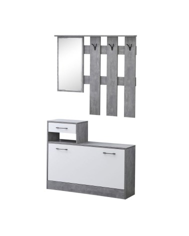 Mobile ingresso Rudolf XL con specchio e scarpiera colore cemento e bianco con maniglie nere